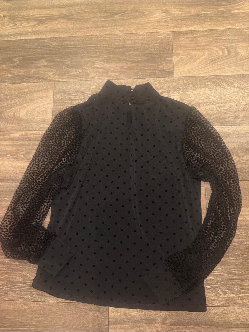 Eva Franco Black Polka Dot Mock Neck Top with Sheer Patterned Sleeves - Picture 5 of 14